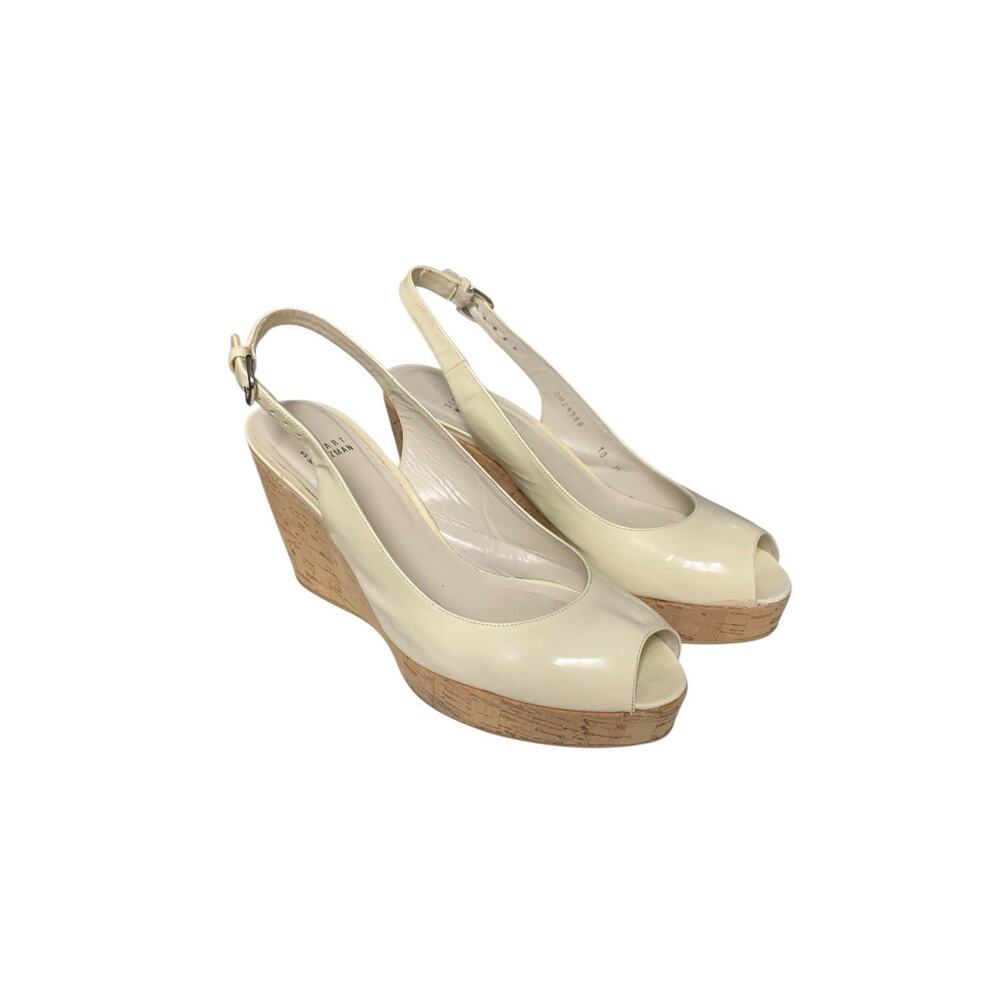 Stuart Weitzman Vent Wedge Patent Leather Slingback Peep Toe Shoes White 10 M‎